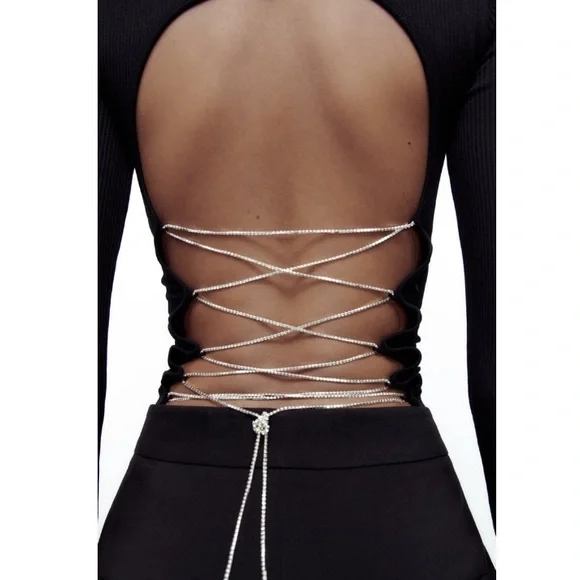 Zara Rhinestone Seamless Black T-shirt - Picture 2 of 6